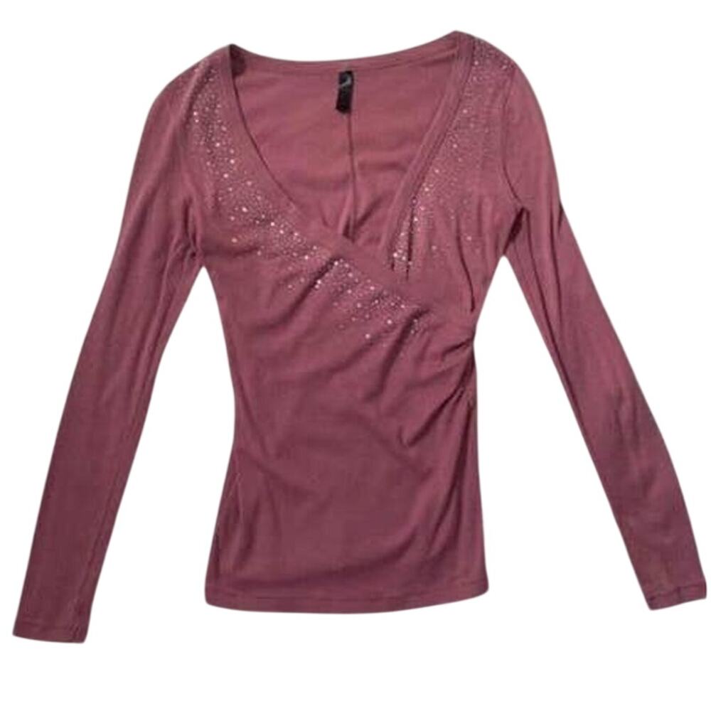 5/$20 Gorgeous Pink Long Sleeve V-Neck  Wrap Style with Rhinestones Size Medium